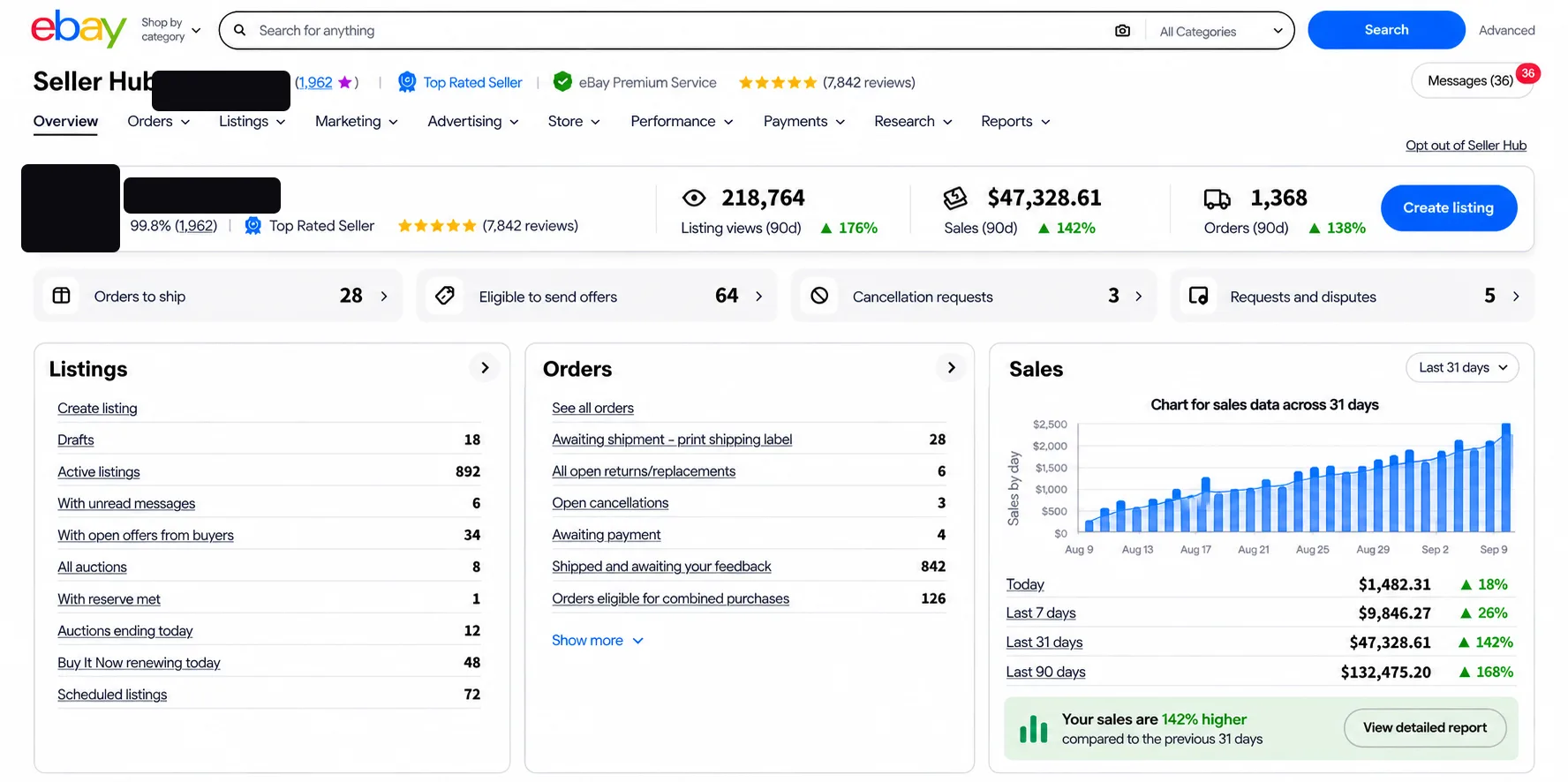 eBay Seller Hub dashboard 07 — identity redacted