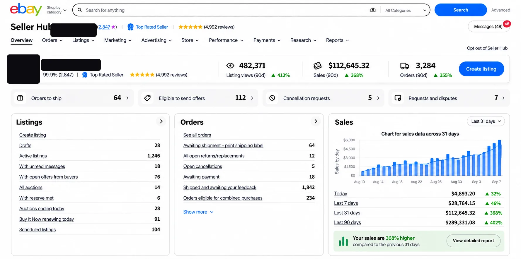 eBay Seller Hub dashboard 09 — identity redacted